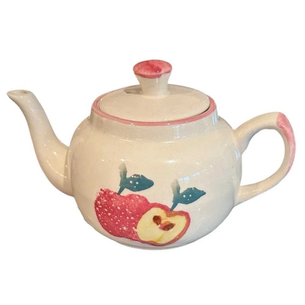 Hand Painted Ceramic Apple Teapot Cream with Pink Trim Cottagecore